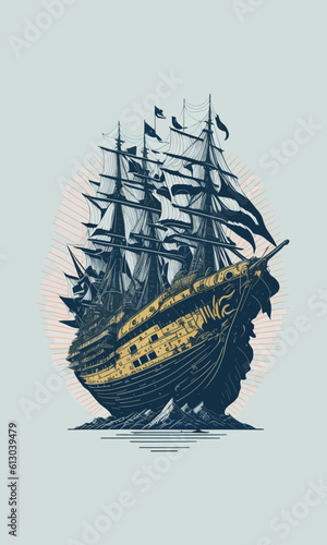 Vector of a sailing ship under the full moon on the ocean