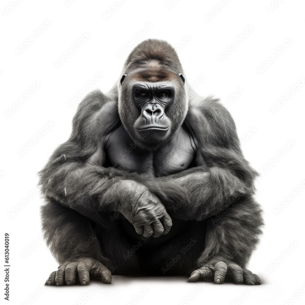 Fototapeta premium Stunning White Background Strong Gorilla Monkey Close-Up