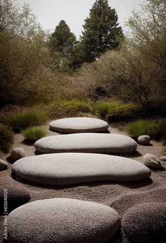 Minimalism zen sand and stone meditation garden. Spa wellness or yoga background with copy space. Concept for purity, spirituality and mindfulness. Generative AI