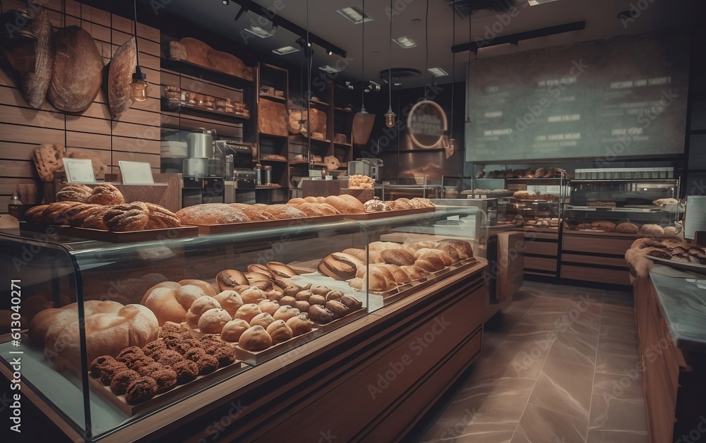 Bakery with a glass display case filled with breads at night created with Generative AI technology