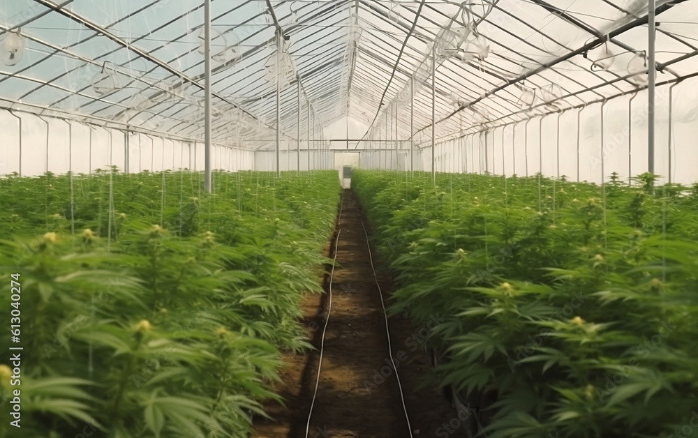 Greenhouse for growing hemp created with Generative AI technology. Cannabis cultivation