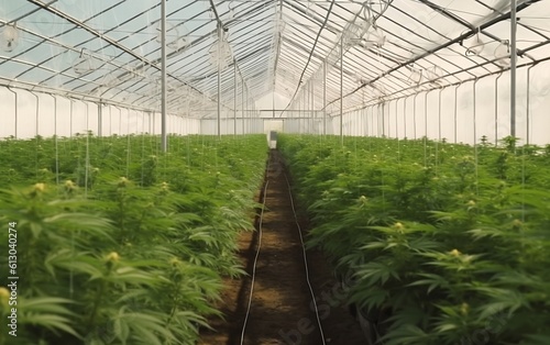 Greenhouse for growing hemp created with Generative AI technology. Cannabis cultivation