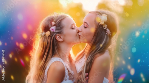Two beautiful brides kissing against blurred rainbow flag.