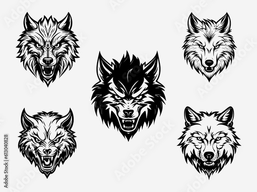 A captivating black and white wolf head illustration set, exuding strength and wisdom through its meticulously rendered features