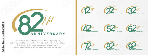 set of anniversary logo green color number and brown swoosh on white background for celebration photo
