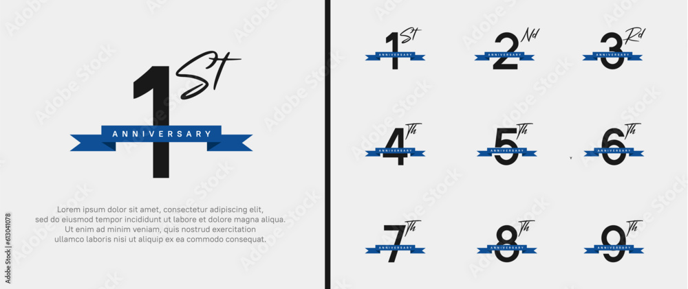 Naklejka premium set of anniversary logo flat black color number and blue ribbon on white background for celebration