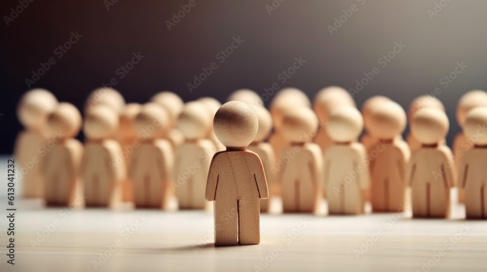 HR manager (human resources) or Employer. Wooden doll with face smile. Leader stands out from crowd. Looking for good worker. HR, HRM, HRD concepts. Generative AI HR manager (human resources) or Employer. Wooden doll with face smile. Leader stands out from crowd. Looking for good worker. HR, HRM, HRD concepts. Generative AI