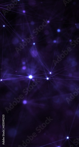 Fototapeta Naklejka Na Ścianę i Meble -  Neon purple gradient vertical web banner background. Fantasy abstract technology, engineering and science wallpaper with particles and plexus connected lines. Wireframe 3D illustration and copy space