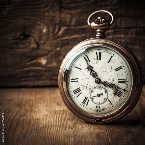 Old pocket watch on grungy wooden desk. Shot in low key and extremely shallow depth for impressional feel. Focus is on etching of clock face plate ai generated