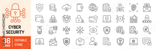 Cyber Security editable stroke outline icons set. Data protection, spam, secure, security, antivirus, password, privacy, padlock and hacker. Vector illustration. photo
