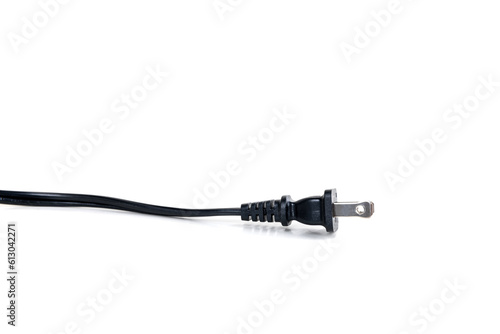 Black pigtail end of an appliance cord over a white background