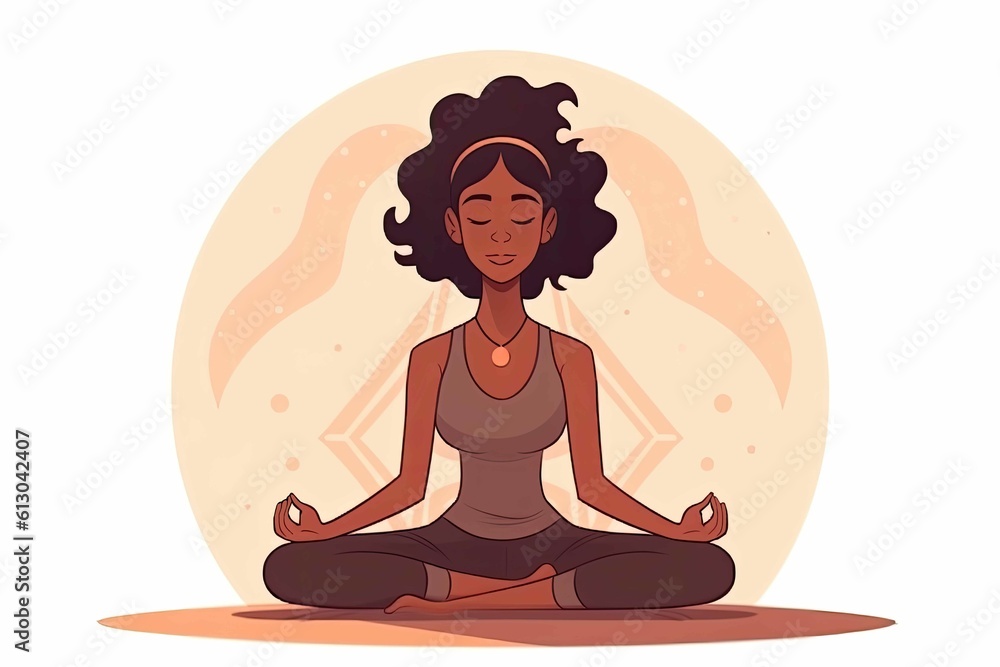 African woman meditate in lotus position illustration. Generative AI.