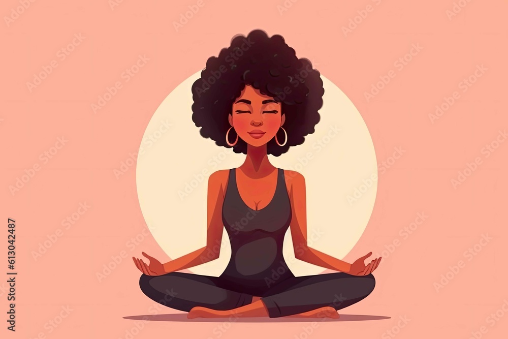 African woman meditate in lotus position illustration. Generative AI.