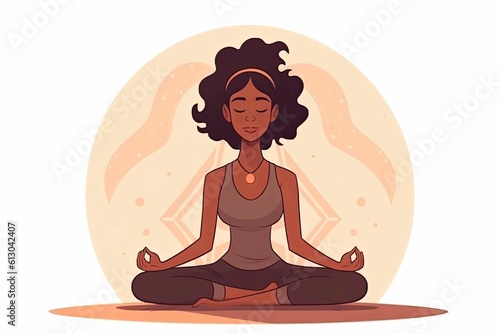 African woman meditate in lotus position illustration. Generative AI.