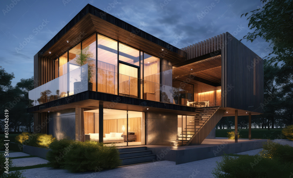 3d real estate house render at night with greenery on view, generative AI