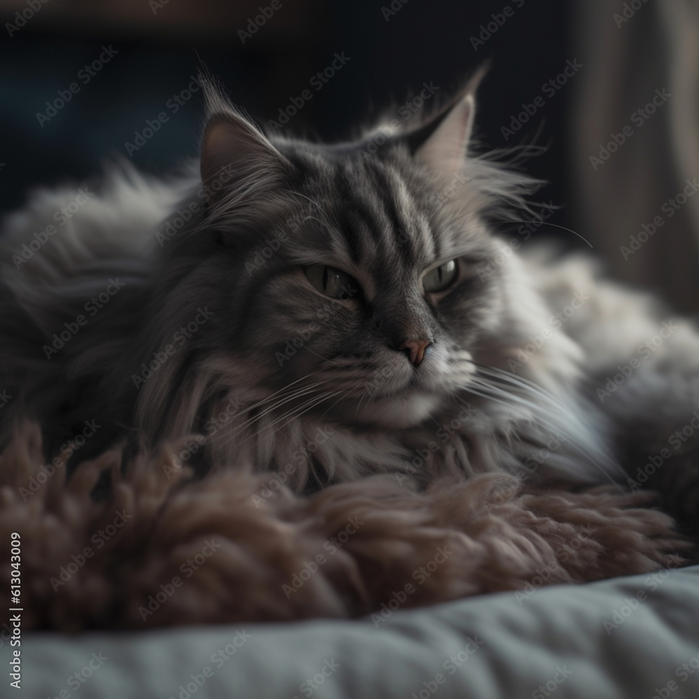 Naklejka premium closeup on a cat with brindle fur, fluffy and shaggy, Generative AI