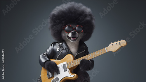 A funky dog with an afro hairstyle, wearing a leather jacket and playing guitar. Generative AI