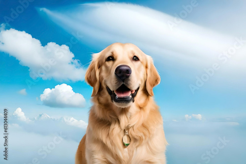 Golden Retriever dog on sky blue background