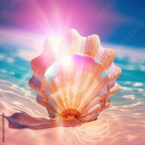 Neon colored seashell on a pastel beach. Summer time with neon pink blue turquoise color with sun rays and sunshine. Generated AI.