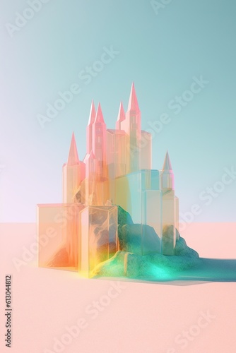 Neon colored sun castle on a pastel beach. Summer time with neon pink blue turquoise color with sun rays and sunshine. Generated AI.