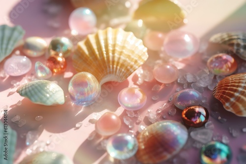 Neon colored abstract seashells and diamond perls on a pastel LA California beach. Summer time with neon pink blue turquoise color with sun rays and sunshine.