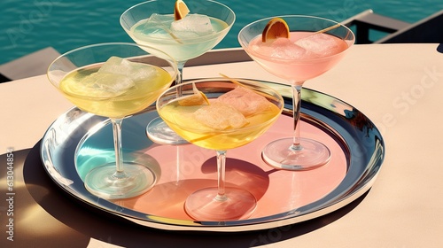 Neon colored plate with martini cocktail with fruits on the pool or pastel LA California beach. Summer refresment time with neon pink blue turquoise color with sun rays and sunshine. Generated AI. photo