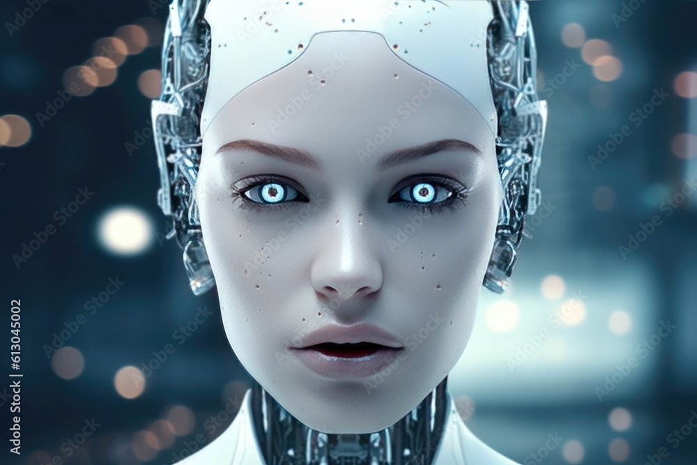 Ai. Female robot face of Artificial intelligence. Generative AI.. Stock ...