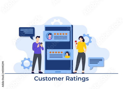 Application feedback concept, Users leaving good ratings and reviews on smartphone screen, Happy clients giving positive feedbacks flat illustration vector template