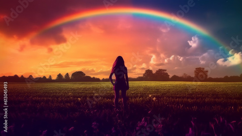 woman in rainbow field. Generative AI