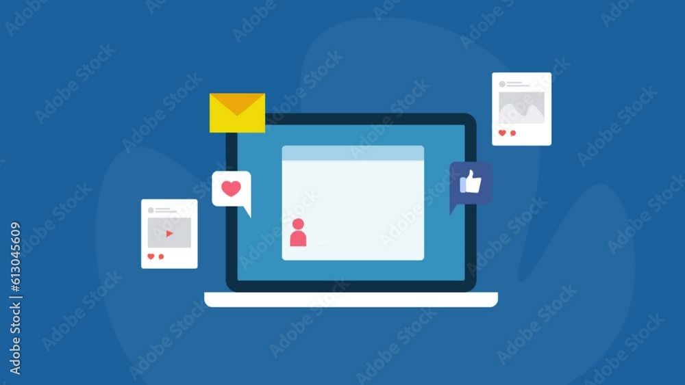Social media followers increase report on dashboard, content publishing on social network, audience interaction with like icon, message video animation concept. Social media followers increase report on dashboard, content publishing on social network, audience interaction with like icon, message video animation concept.