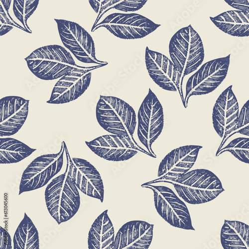 Masculine block print sprig stem vector pattern. Seamless sketchy herb plant organic style for rustic tile. 