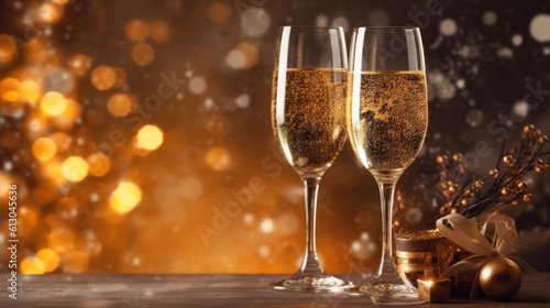 Two elegant high champagne glasses on a brurred shiny Christmas background