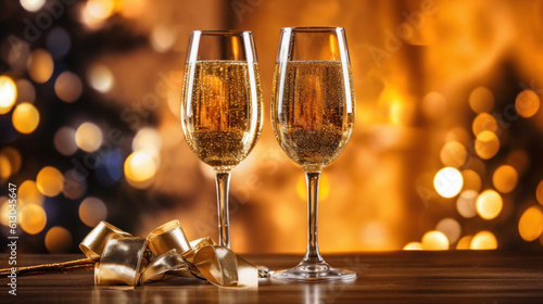 Two elegant high champagne glasses on a brurred shiny Christmas background