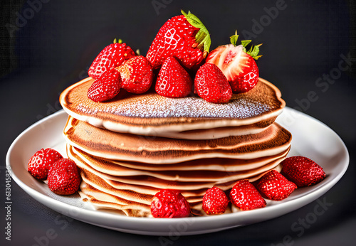 Commercial photography of a powerful explosion of strawberry pancake, powered by AI