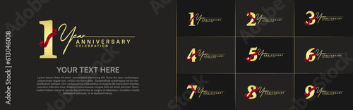 set of anniversary logo with golden number and red ribbon can be use for celebration
