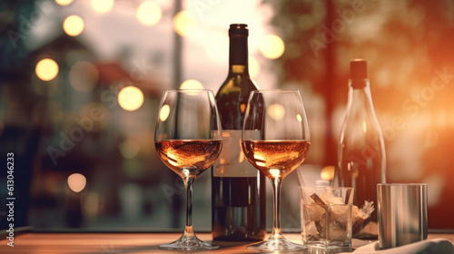 Two wine glasses and a wine bottle, restaurant background