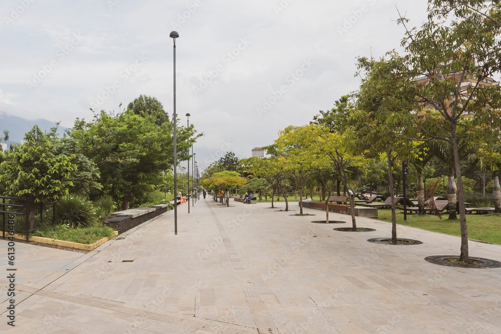 Medellin, Antioquia, Colombia. April 9, 2022. Parques del Río is a linear park located in the center of the city.