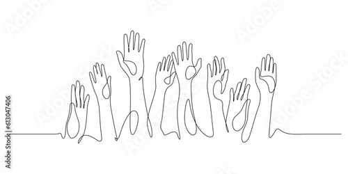 hands up, raised up volunteering,audiences and teamwork continuous line drawing