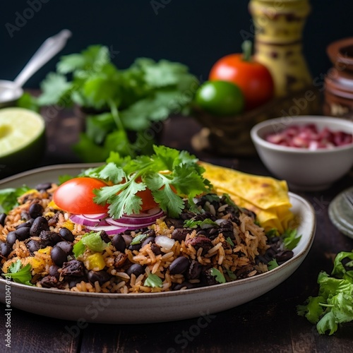 Colorful Costa Rican Gallo Pinto with Fried Plantains and Salad