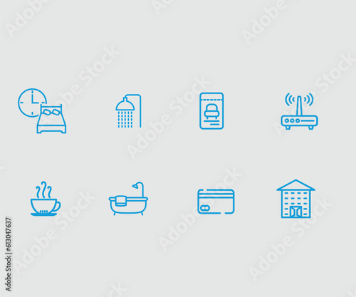 five-star hotel hostel services icon set