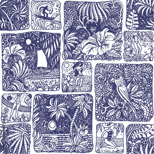 Vector patchwork seamless pattern. Blue and white hand drawn sketch, Hawaii beach, boardsailing, ocean waves, Lady in swimsuit, palm leaves and hibiscus flower