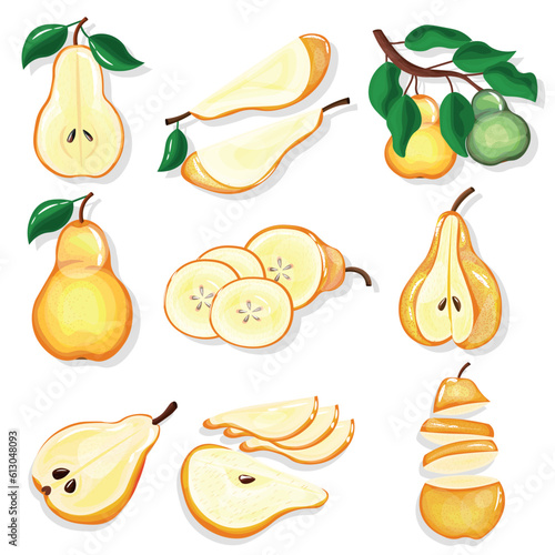 Set of ripe sweet pears on white background