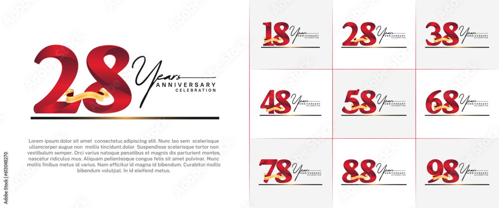 set of anniversary logo with red number and golden ribbon, handwriting text can be use for celebration set of anniversary logo with red number and golden ribbon, handwriting text can be use for celebration