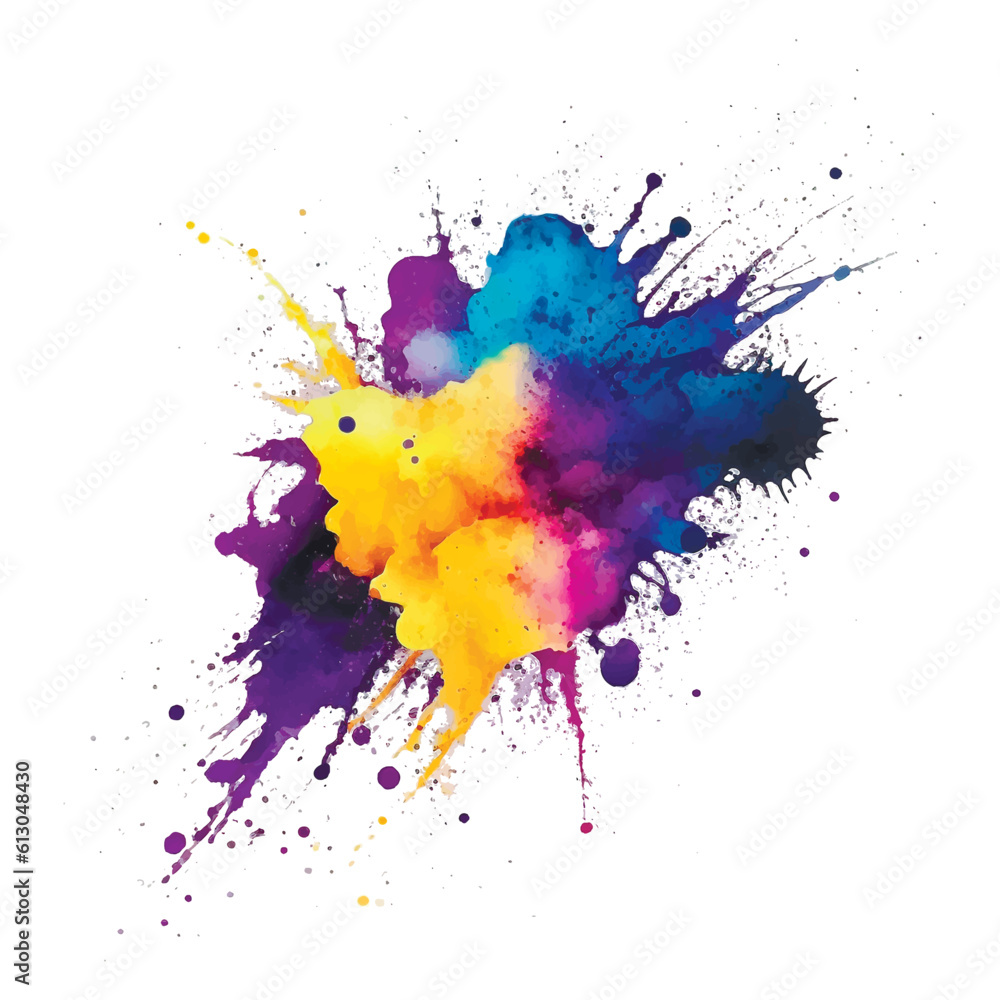 Bright colorful watercolor splash splatter stain brush strokes on white background. Modern vibrant aquarelle spot. Trendy isolated painted design on white. Element. Vector watercolor illustration
