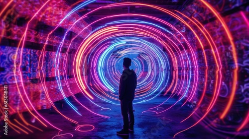 a man standing in front of a tunnel of light, generative AI