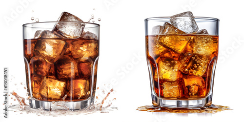 Drinks with Ice Cubes - Glass of cola with ice isolated on white background- - Cool Drinks - Ai