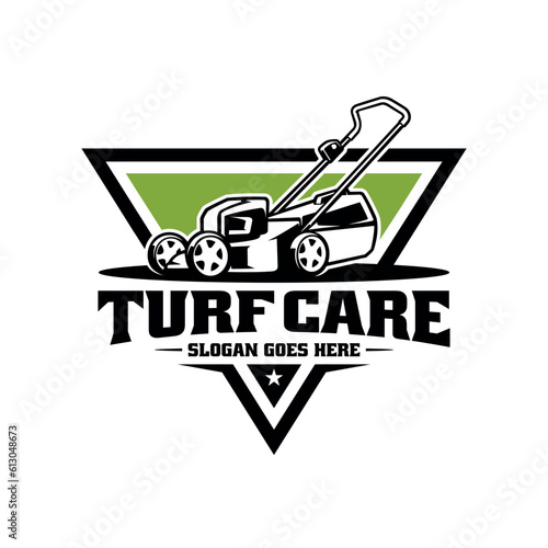 turf and lawn mower illustration logo vector