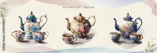 
Сollection of teapots in watercolor style for your design. Vector set.
