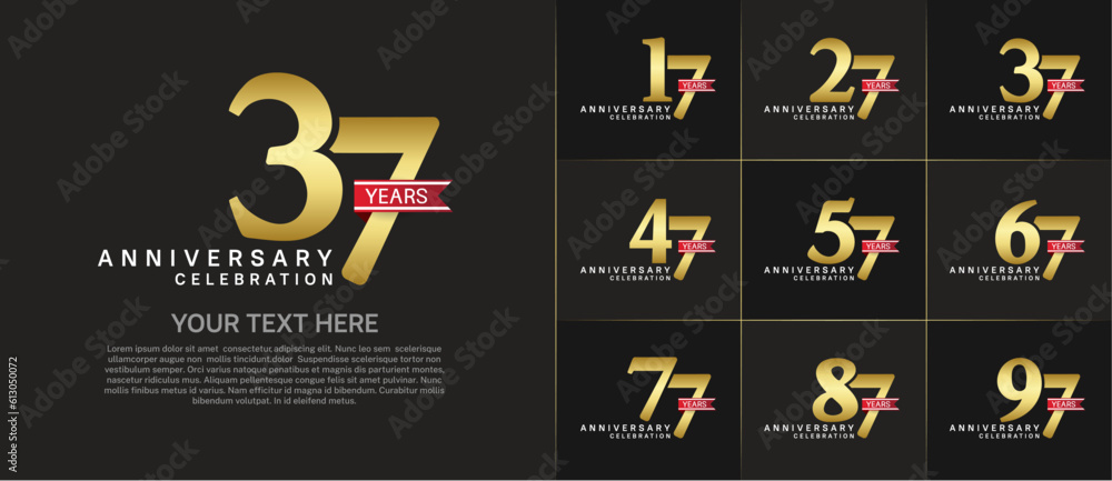 set of anniversary logo with golden number and red ribbon can be use for celebration