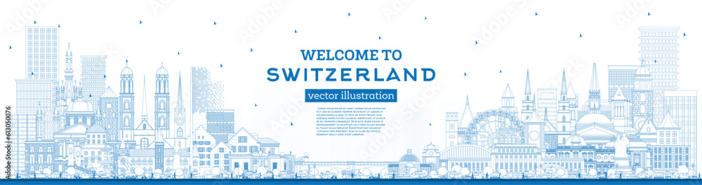 Welcome to Switzerland. Outline City Skyline with Blue Buildings. Switzerland Cityscape with Landmarks.